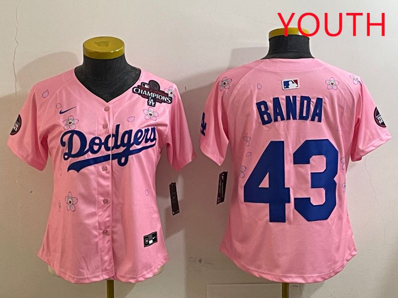 Youth Los Angeles Dodgers 43 Banda Pink White Blue Sakura Edition 2025 Nike MLB Jersey style 6